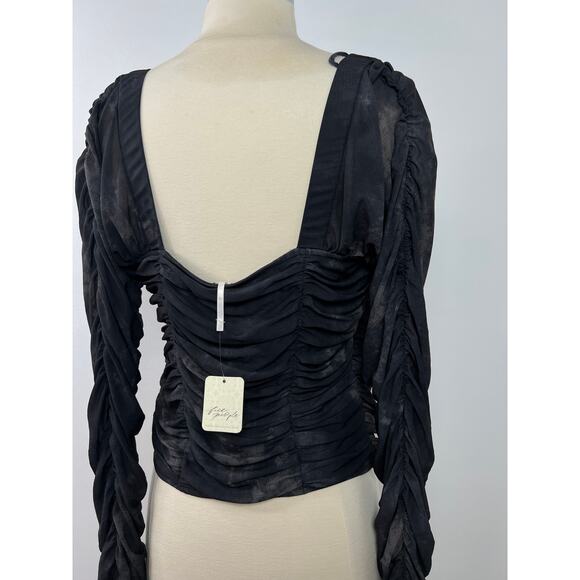 Free People NWT All Night Black Combo Sheer Long Sleeves Ruched Blouse Size XL - Picture 10 of 16